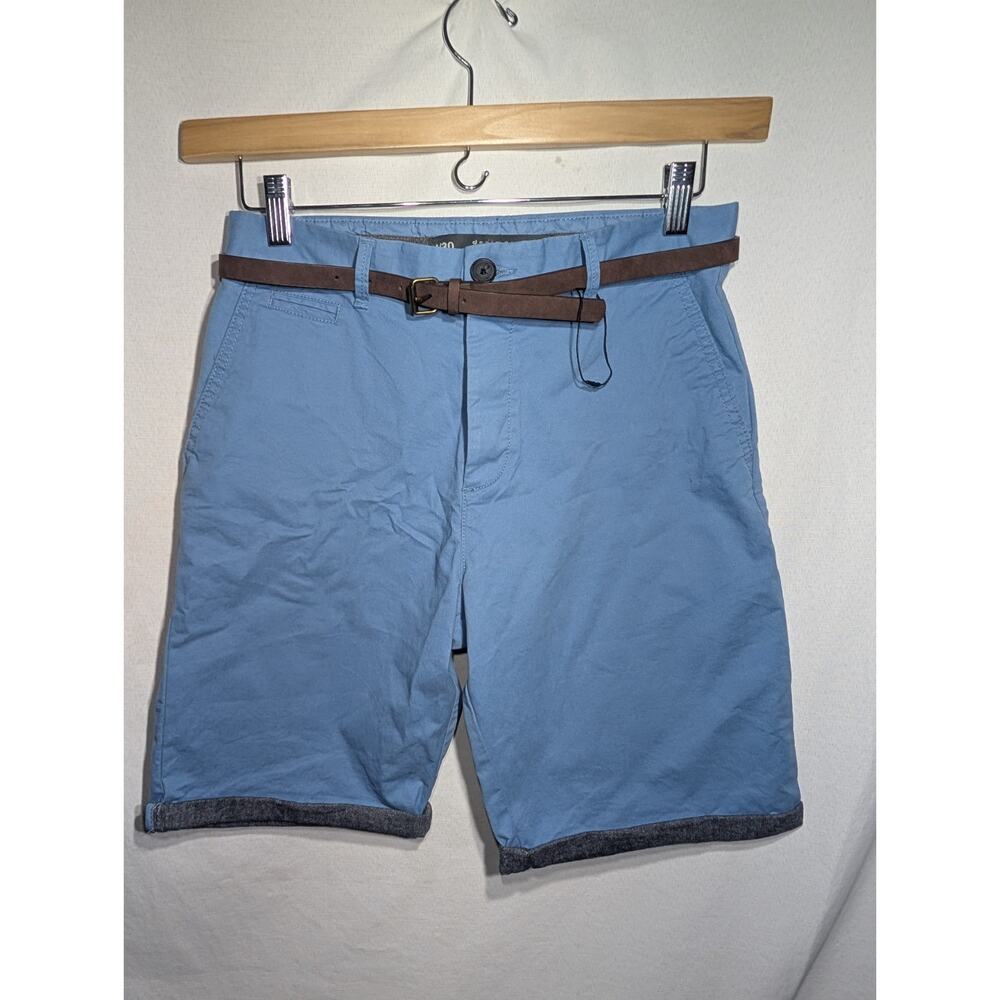 Primark Denim Co Mens Belted Chino Straight Shorts‎ 30W Blue Rolled Hem Preppy